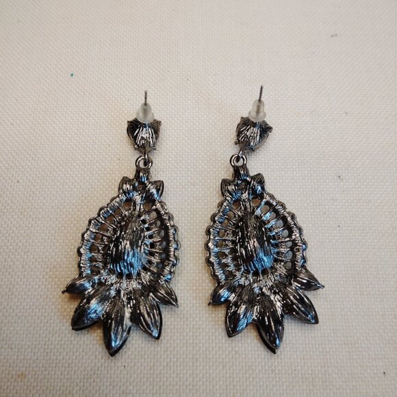 Dark Gray Rhinestone Crystal Chandelier Drop Earrings 3 Inch Statement - Picture 3 of 6